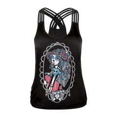 Fashion Halloween Sugar Skull Rose Girl Tank Top for Women Gothic Style Back Cross Sleeveless Vest | Vimost Shop.