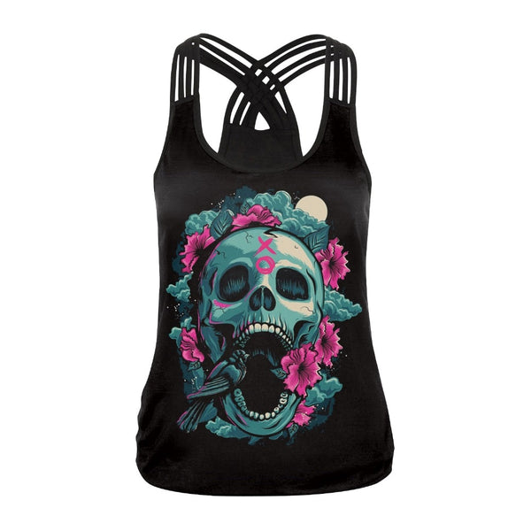 Fashion Halloween Sugar Skull Rose Girl Tank Top for Women Gothic Style Back Cross Sleeveless Vest | Vimost Shop.