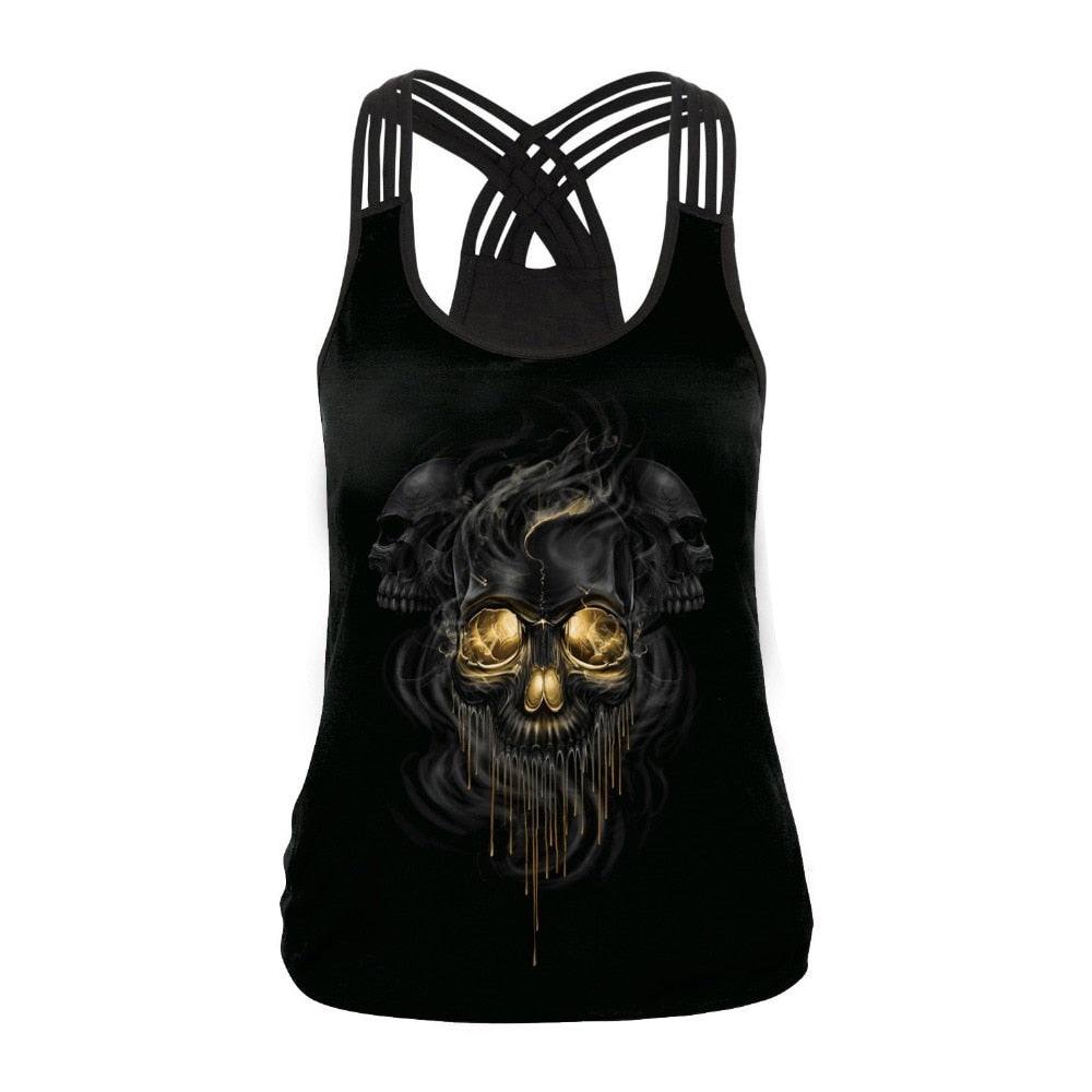 Fashion Halloween Sugar Skull Rose Girl Tank Top for Women Gothic Style Back Cross Sleeveless Vest | Vimost Shop.
