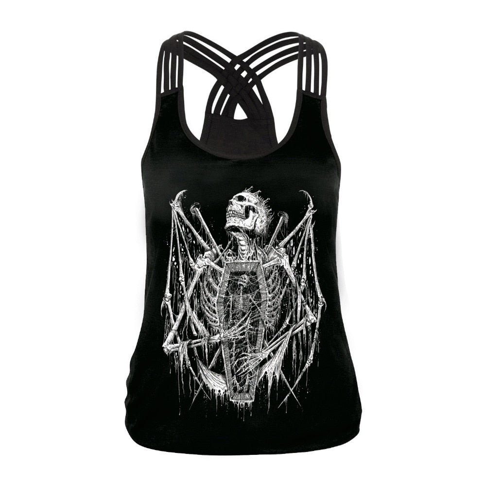 Fashion Halloween Sugar Skull Rose Girl Tank Top for Women Gothic Style Back Cross Sleeveless Vest | Vimost Shop.