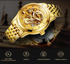Luxury Top Brand Dragon Design Automatic Watch Men Skeleton Gold Full Stainless steel Wristwatch Mechanical Skeleton Steampunk