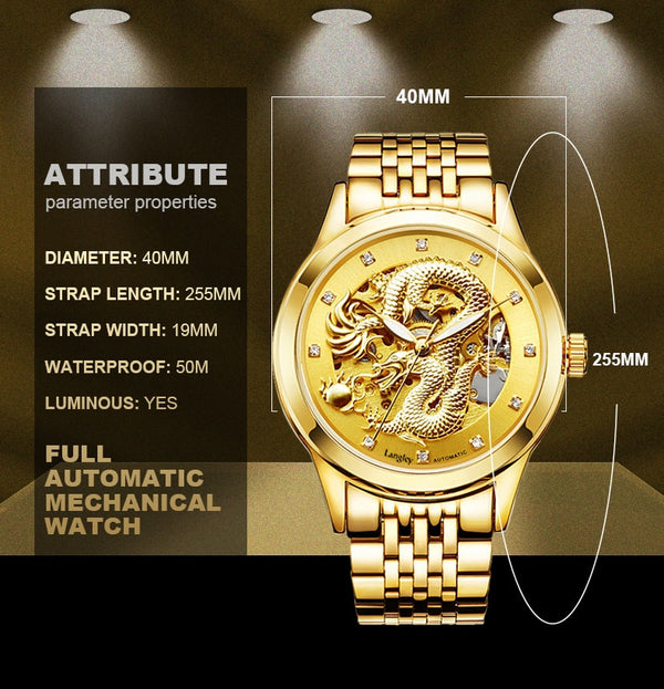 Luxury Top Brand Dragon Design Automatic Watch Men Skeleton Gold Full Stainless steel Wristwatch Mechanical Skeleton Steampunk | Vimost Shop.