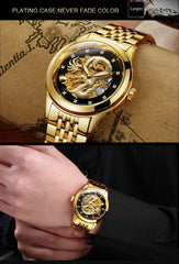 Luxury Top Brand Dragon Design Automatic Watch Men Skeleton Gold Full Stainless steel Wristwatch Mechanical Skeleton Steampunk | Vimost Shop.