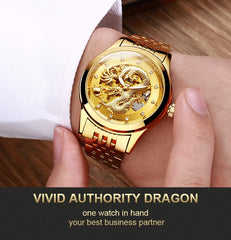 Luxury Top Brand Dragon Design Automatic Watch Men Skeleton Gold Full Stainless steel Wristwatch Mechanical Skeleton Steampunk | Vimost Shop.