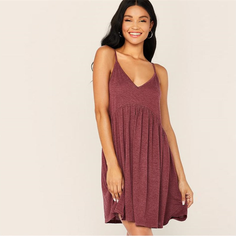 Solid Criss-cross High Waist Slip Cami Dress Women Summer Deep V Neck Pleated Hem Fit and Flare Casual Short Dresses | Vimost Shop.