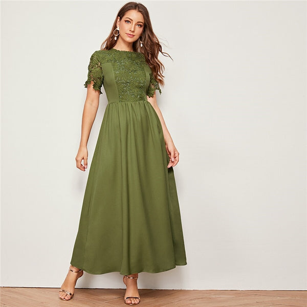 Army Green Solid Guipure Lace Trim Fit And Flare Dress Women Summer Short Sleeve High Waist Elegant Maxi Dresses | Vimost Shop.