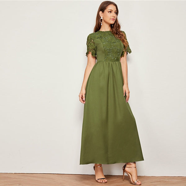 Army Green Solid Guipure Lace Trim Fit And Flare Dress Women Summer Short Sleeve High Waist Elegant Maxi Dresses | Vimost Shop.