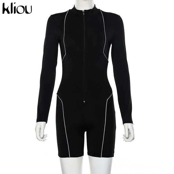 women fashion playsuit full sleeve zipper fly reflective striped patchwork rompers | Vimost Shop.