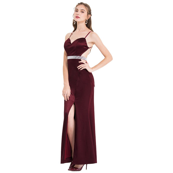 Women's Spaghetti Strap Hollow Out Beading Evening Dresses Backless Luxury Birthday Party Gown Wine Red | Vimost Shop.