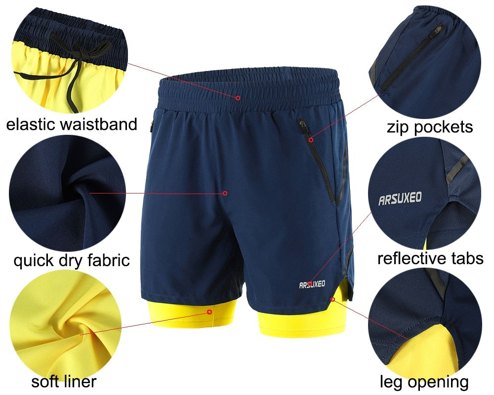 Running Shorts 2 in 1 Quick Dry Athletic Training Exercise Jogging Sports Gym Shorts With Zipper Pocket