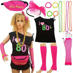 80s theme Party Favor 80`s Costume Women And Accessories Set gift for girlfriend Fanny Pack Bangle Headband 80's T-Shirt Gift
