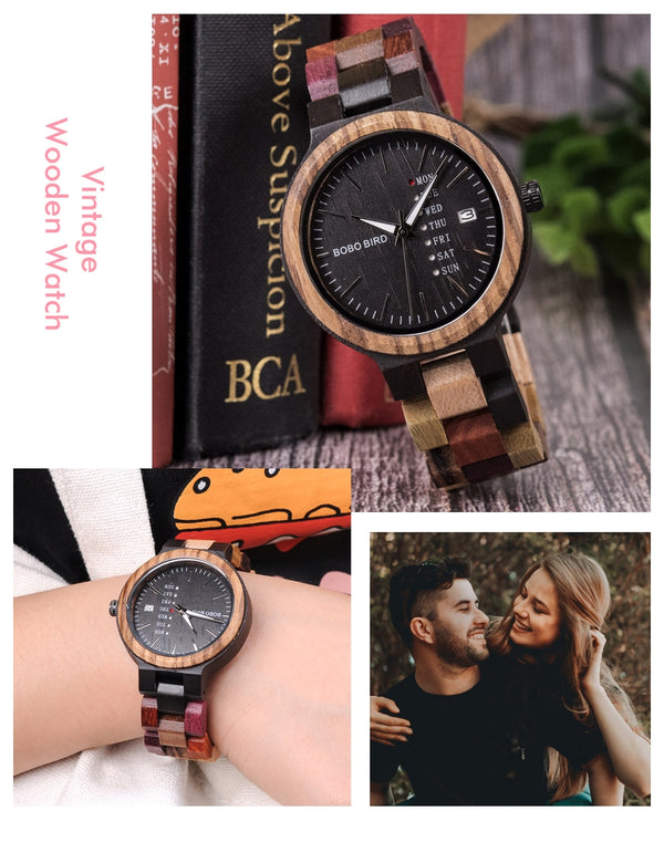 Wood watch Lover Couple Watches Men Show Date Ladies Wristwatch Women Quartz Male bayan kol saati Gift in Wood Box | Vimost Shop.