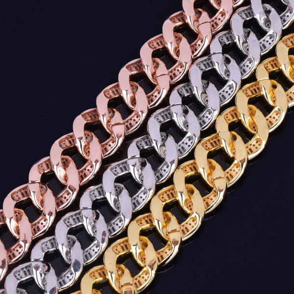 22mm Baguette Zircon Miami Cuban Link Bracelet Iced out Men's Hip hop Street Rock Jewelry Gold Color Chain 7