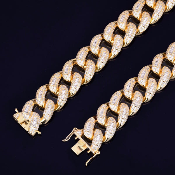 22mm Baguette Zircon Miami Cuban Link Bracelet Iced out Men's Hip hop Street Rock Jewelry Gold Color Chain 7