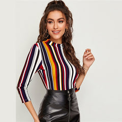 Multicolor Mock-neck Form Fitted Striped Top Slim 3/4 Length Sleeve Elegant Office Lady Tshirt Tops | Vimost Shop.