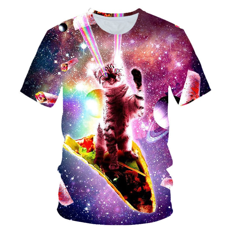 Galaxy Space 3D T Shirt Lovely Kitten Cat Eat Taco Pizza Funny Tops Tee Short Sleeve Summer Shirts | Vimost Shop.