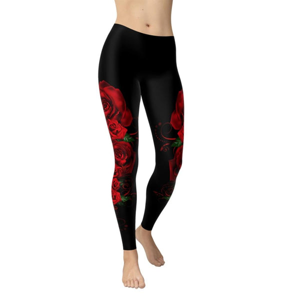Women Push Up Skinny Polyester Leggings Red Rose Pattern Printing Elastic Force Fitness Leggings | Vimost Shop.