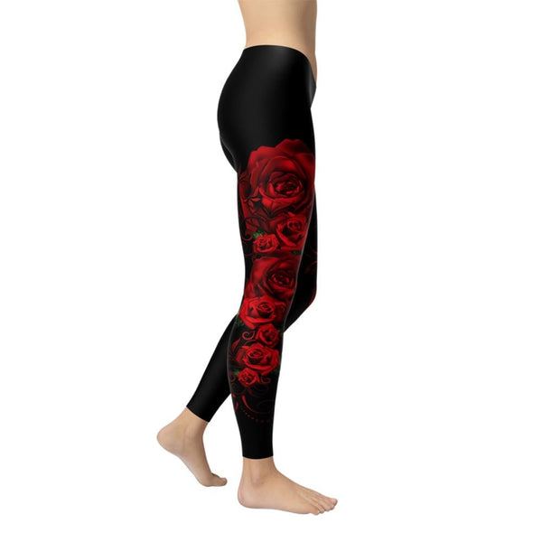 Women Push Up Skinny Polyester Leggings Red Rose Pattern Printing Elastic Force Fitness Leggings | Vimost Shop.