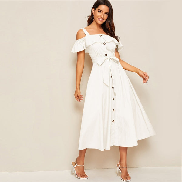 White Flounce Foldover Button Front Self Belted Dress Women Autumn Straps Cold Shoulder Solid Flared Party Long Dresses | Vimost Shop.