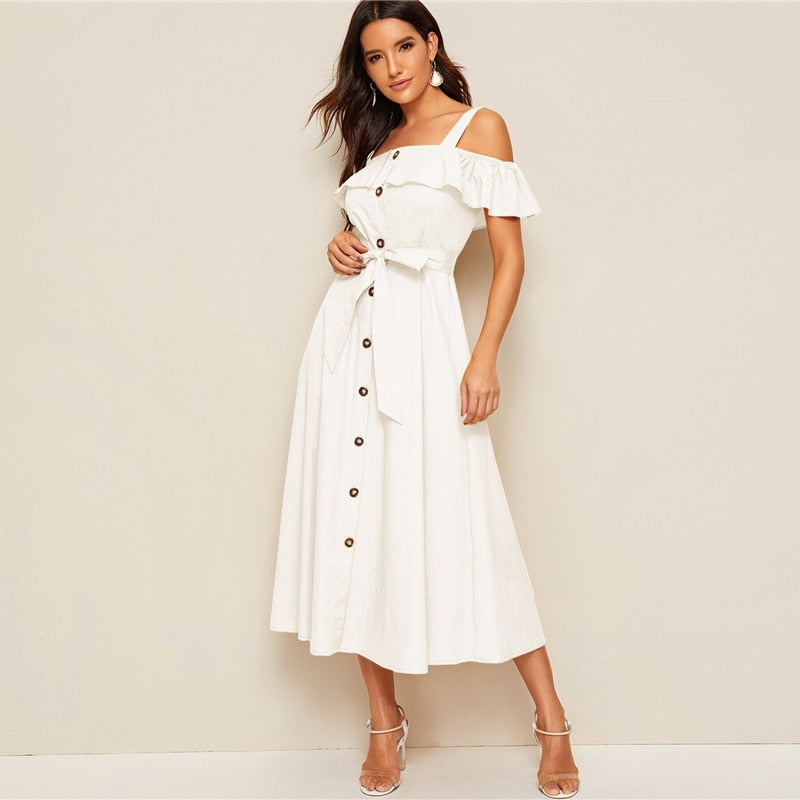 White Flounce Foldover Button Front Self Belted Dress Women Autumn Straps Cold Shoulder Solid Flared Party Long Dresses | Vimost Shop.