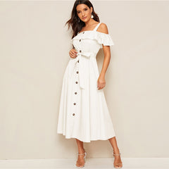 White Flounce Foldover Button Front Self Belted Dress Women Autumn Straps Cold Shoulder Solid Flared Party Long Dresses | Vimost Shop.