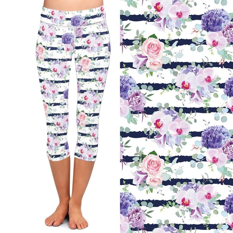 New High Elastic Capri Leggings High Waist Flowers Print Plus Size Mid-Calf 3/4 Stretch Women Leggings for Summer | Vimost Shop.