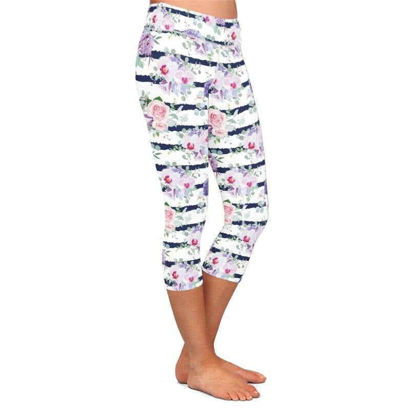New High Elastic Capri Leggings High Waist Flowers Print Plus Size Mid-Calf 3/4 Stretch Women Leggings for Summer | Vimost Shop.