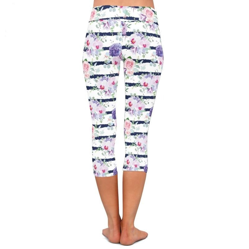 New High Elastic Capri Leggings High Waist Flowers Print Plus Size Mid-Calf 3/4 Stretch Women Leggings for Summer | Vimost Shop.