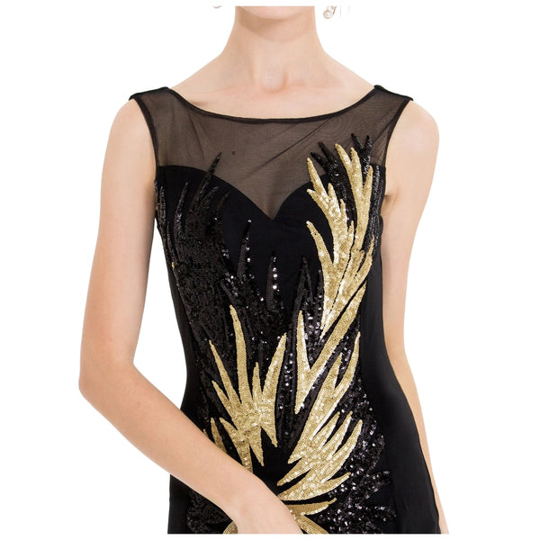 Women's Sheer Evening Dresses Round Neck Vintage Sequin Splicing Dress Gold Party Kleid | Vimost Shop.