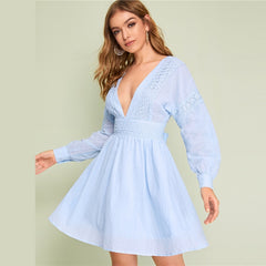 Lady Sexy Guipure Lace Dot Jacquard Knot Backless Deep V Neck Mini Dress Women Spring Boho Fit and Flare Midi Dress | Vimost Shop.