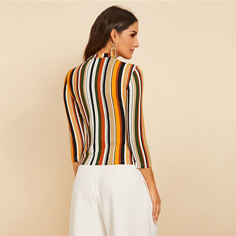 Multicolor Mock-neck Form Fitted Striped Top Slim 3/4 Length Sleeve Elegant Office Lady Tshirt Tops | Vimost Shop.