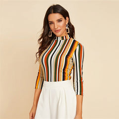 Multicolor Mock-neck Form Fitted Striped Top Slim 3/4 Length Sleeve Elegant Office Lady Tshirt Tops | Vimost Shop.