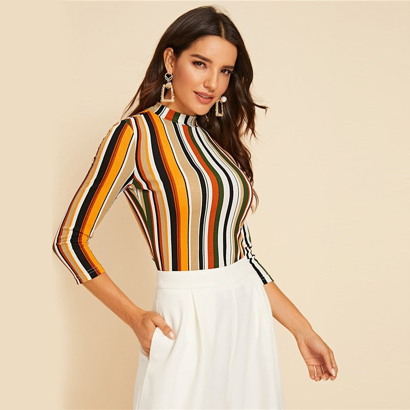 Multicolor Mock-neck Form Fitted Striped Top Slim 3/4 Length Sleeve Elegant Office Lady Tshirt Tops | Vimost Shop.