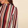 Multicolor Mock-neck Form Fitted Striped Top Slim 3/4 Length Sleeve Elegant Office Lady Tshirt Tops | Vimost Shop.