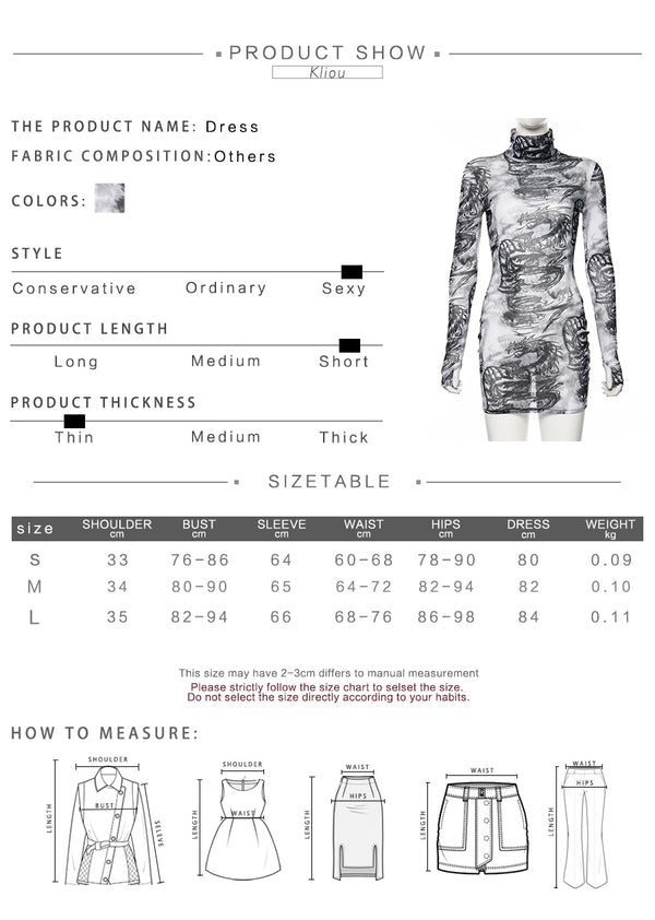 Women turtleneck dress sexy mesh material print slim skinny dresses autumn | Vimost Shop.