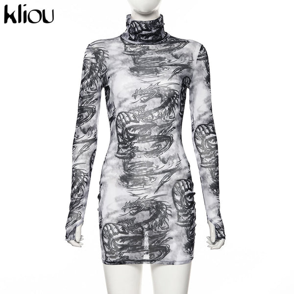 Women turtleneck dress sexy mesh material print slim skinny dresses autumn | Vimost Shop.