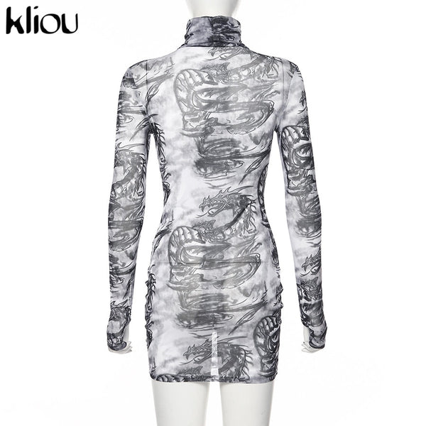 Women turtleneck dress sexy mesh material print slim skinny dresses autumn | Vimost Shop.