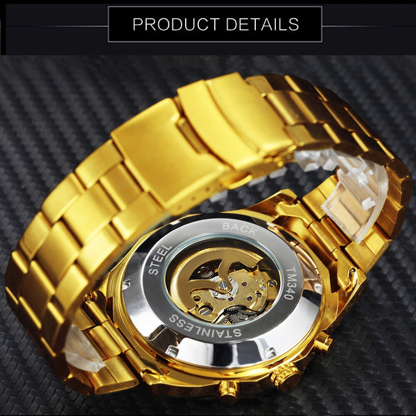 Skeleton Automatic Mechanical Watch Men Diamond Iced Out Punk Mens Watches Brand Luxury Golden Steel Strap Wristwatches