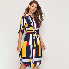 Geometric V Cut Neck Colorblock Casual Dress With Belt Women Autumn Roll Up Sleeve Button Side Straight Midi Dresses | Vimost Shop.