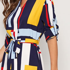 Geometric V Cut Neck Colorblock Casual Dress With Belt Women Autumn Roll Up Sleeve Button Side Straight Midi Dresses | Vimost Shop.