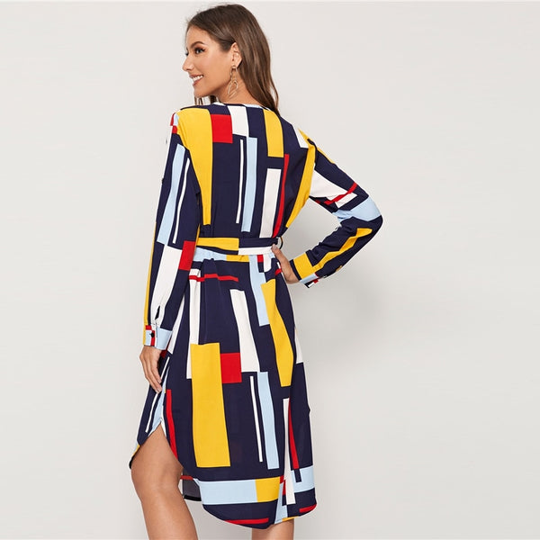 Geometric V Cut Neck Colorblock Casual Dress With Belt Women Autumn Roll Up Sleeve Button Side Straight Midi Dresses | Vimost Shop.