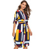 Geometric V Cut Neck Colorblock Casual Dress With Belt Women Autumn Roll Up Sleeve Button Side Straight Midi Dresses | Vimost Shop.