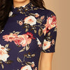 Navy Floral Print Stand Collar Elegant Bodycon Dress Women Autumn Short Sleeve Form Fitted Midi Pencil Dresses | Vimost Shop.