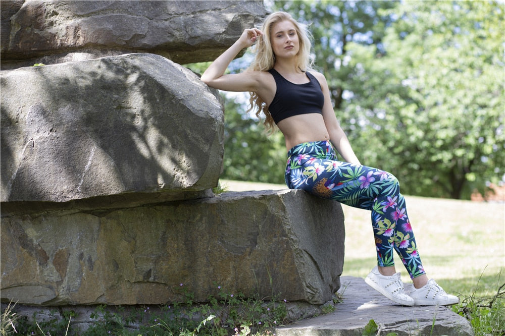 Fashion Women Trend Green Floral Leaf Flower Pattern Leggings Sexy Elasticity Fitness Slim Bottoms Workout Pants | Vimost Shop.