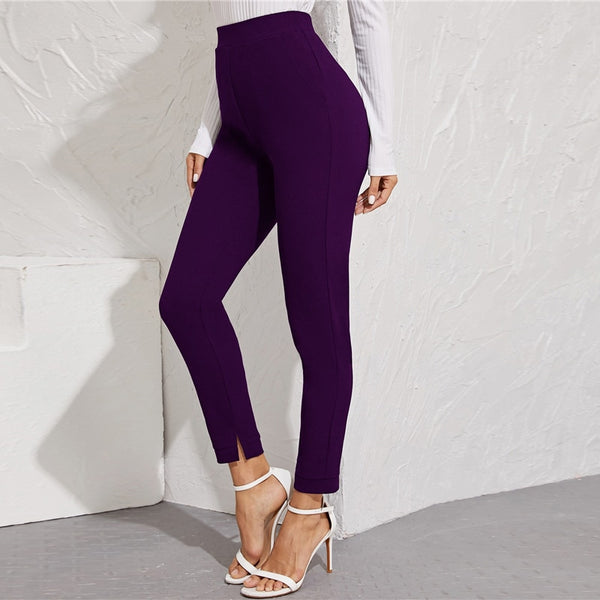 Solid Elastic Waist Pocket Side Split Hem Elegant Pants Office Ladies Skinny Trousers | Vimost Shop.