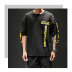 Tag T Shirt O-neck Off Tops Tees Male Boy White Casual Fashion Streetwear Gold Side Stripe Men Short Sleeve Black Patchwork | Vimost Shop.