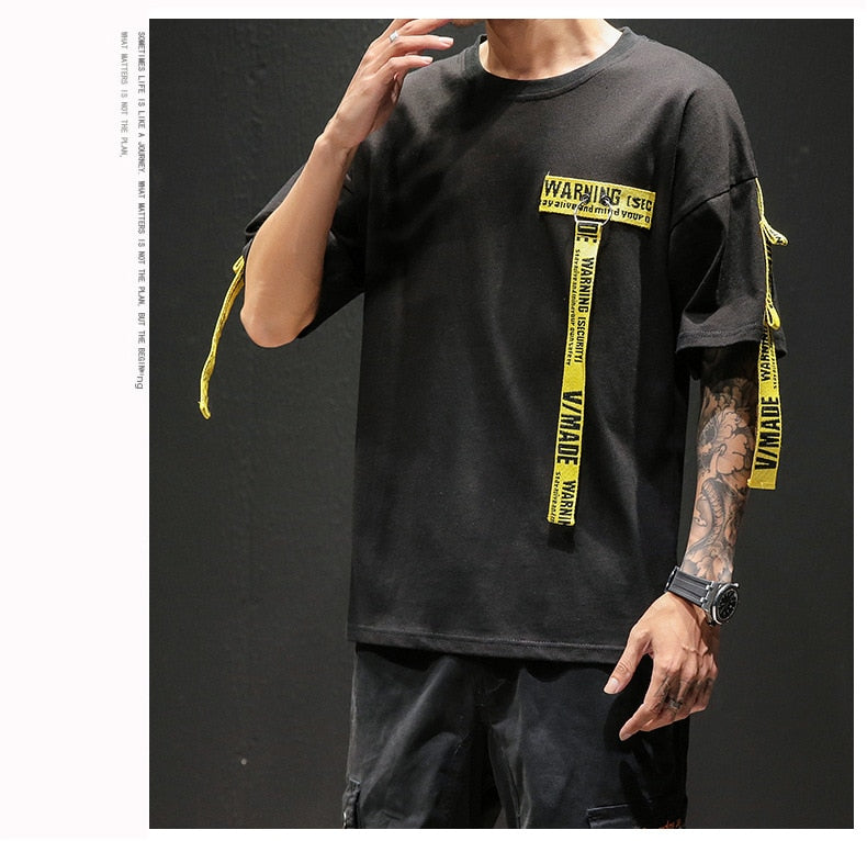 Tag T Shirt O-neck Off Tops Tees Male Boy White Casual Fashion Streetwear Gold Side Stripe Men Short Sleeve Black Patchwork | Vimost Shop.