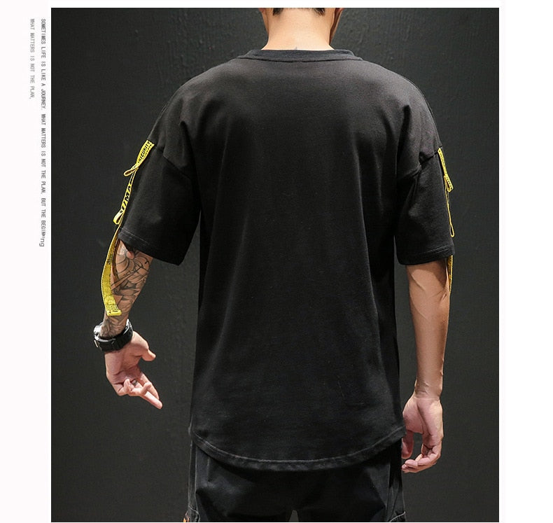 Tag T Shirt O-neck Off Tops Tees Male Boy White Casual Fashion Streetwear Gold Side Stripe Men Short Sleeve Black Patchwork | Vimost Shop.
