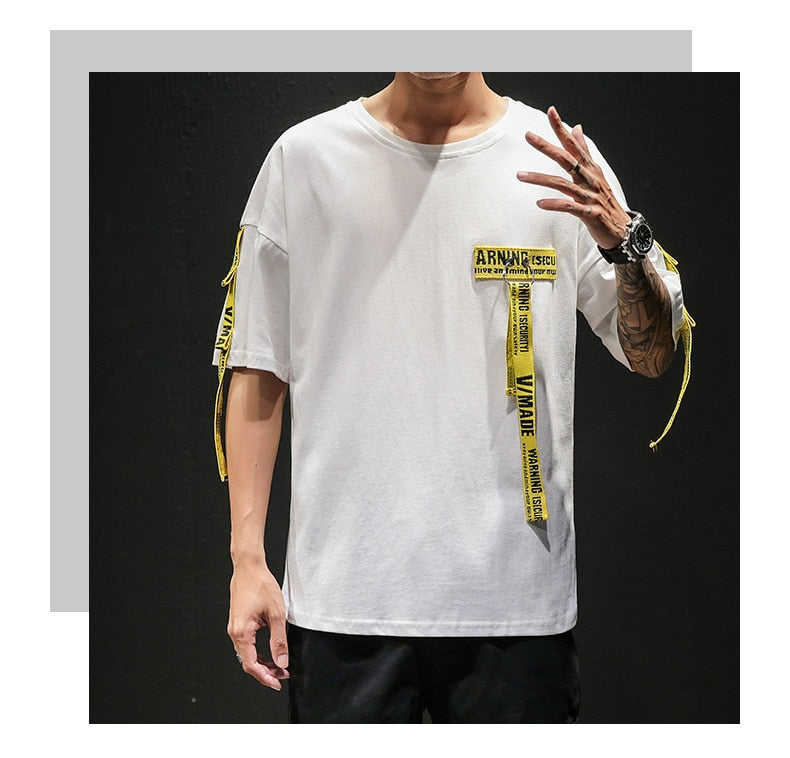 Tag T Shirt O-neck Off Tops Tees Male Boy White Casual Fashion Streetwear Gold Side Stripe Men Short Sleeve Black Patchwork | Vimost Shop.