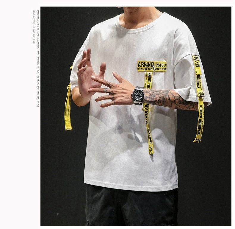 Tag T Shirt O-neck Off Tops Tees Male Boy White Casual Fashion Streetwear Gold Side Stripe Men Short Sleeve Black Patchwork | Vimost Shop.